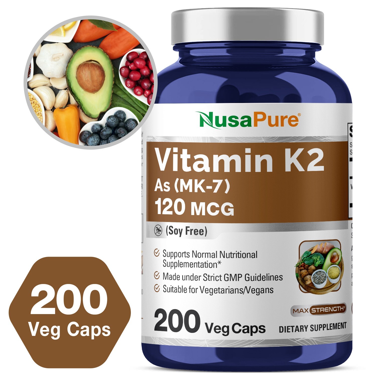 NusaPure Vitamin K2 MK7 120 mcg 200 Veggie Caps (Non-GMO, Vegan)