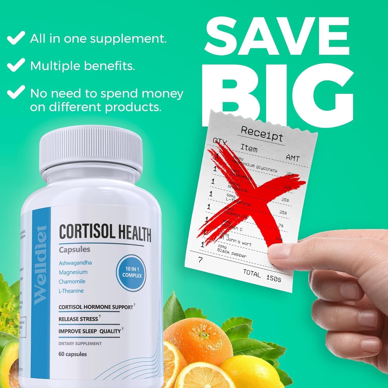 10-in-1 Cortisol Supplements with Magnesium, Ashwagandha, Chamomile, L-Theani…
