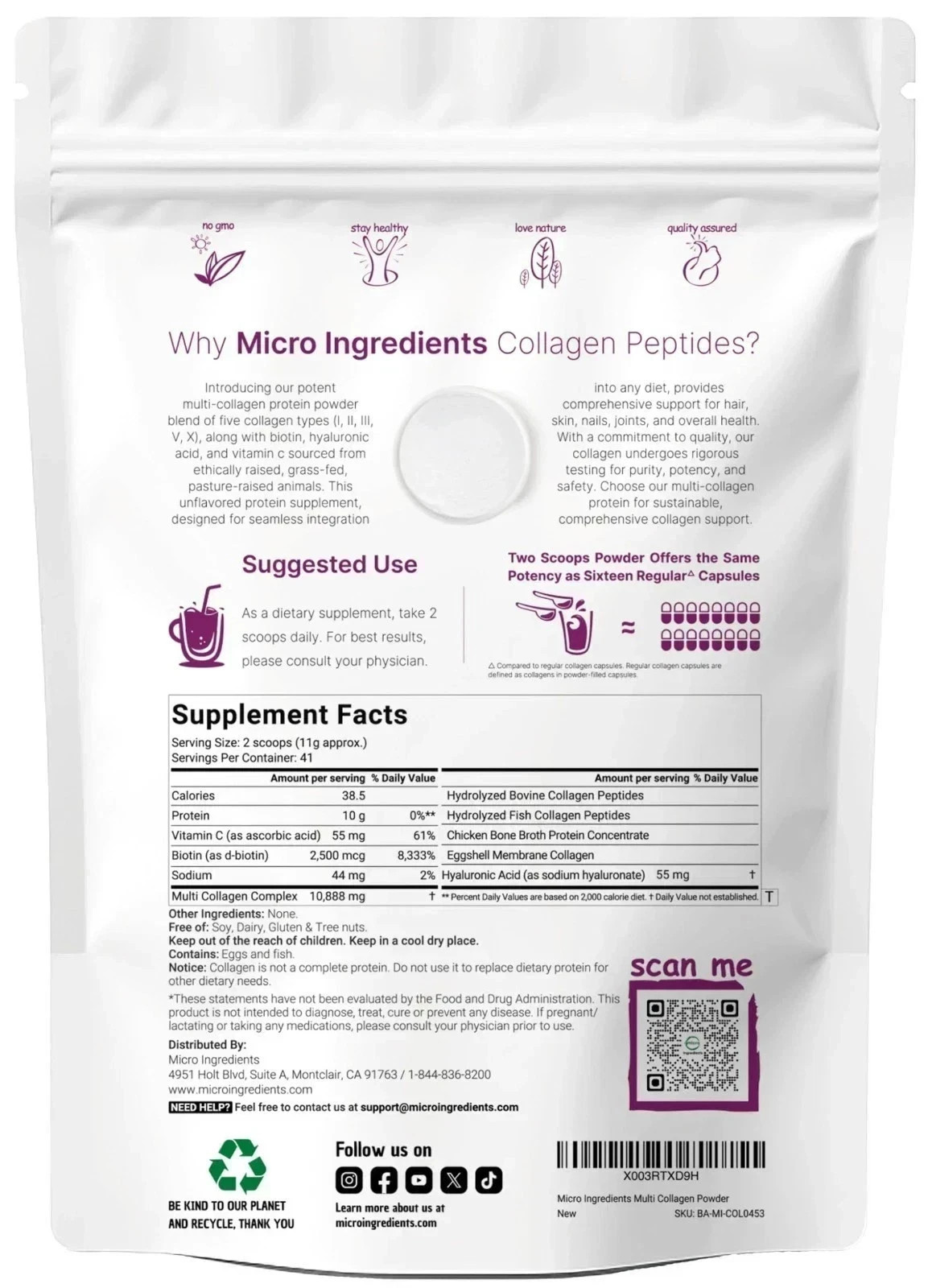 Micro Ingredients Multi Collagen Peptides Powder – Types I,II,III,V,X, 1lb