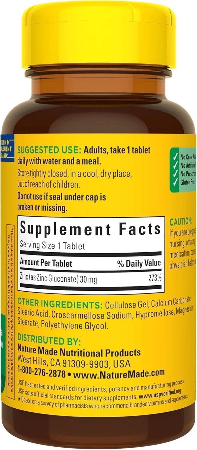Nature Made Zinc 30 mg Dietary Supplement Immune Health and Antioxidant 100 Tabs