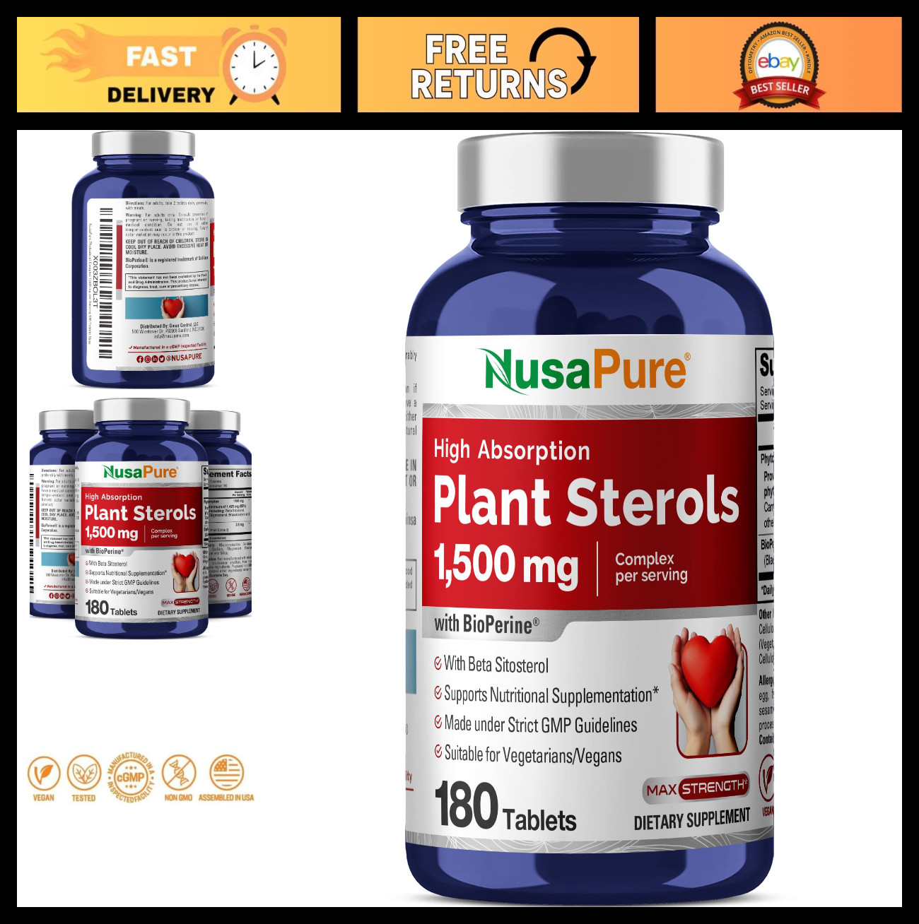 Plant Sterols 1500mg – 180 Vegan Tablets, Non-GMO, Beta Sitosterol & Bioperine