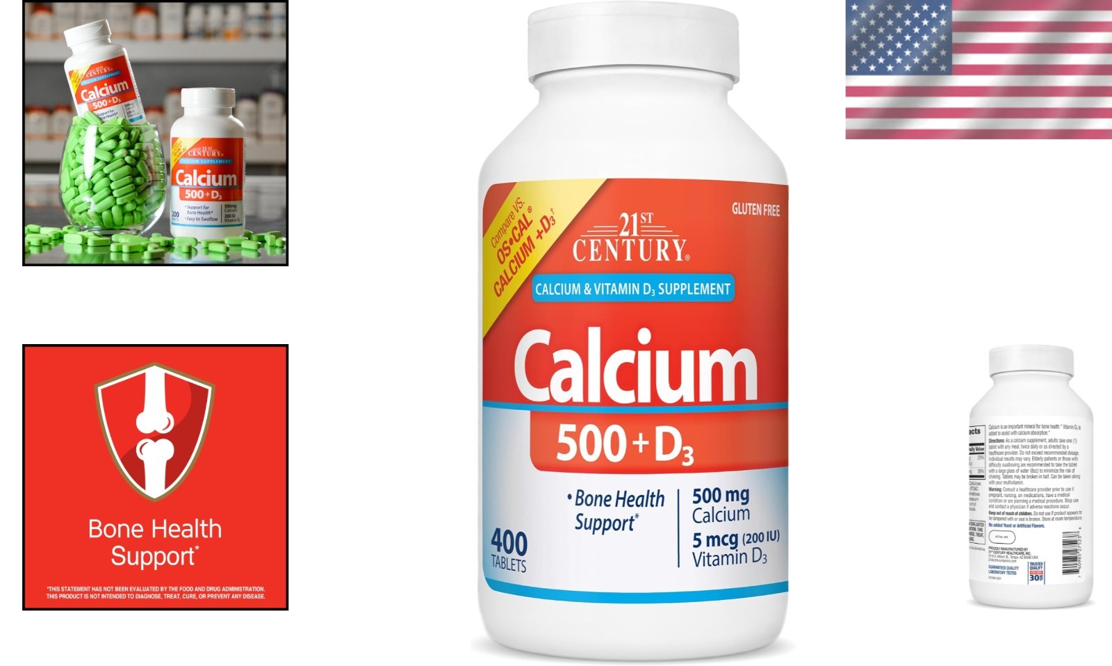 500 mg Calcium with Vitamin D3 – 400 Gluten-Free Tablets for Bone Strength