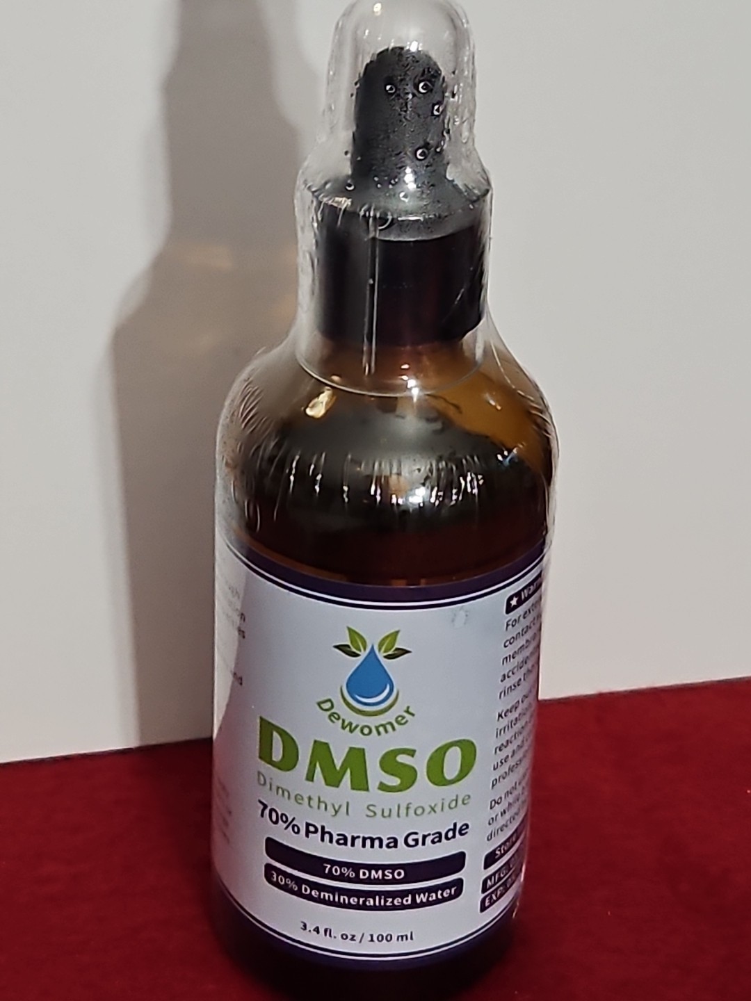 DMSO 70% Pharma Grade with Demineralized Water 3.4oz Glass Bottle Exp 05/2028