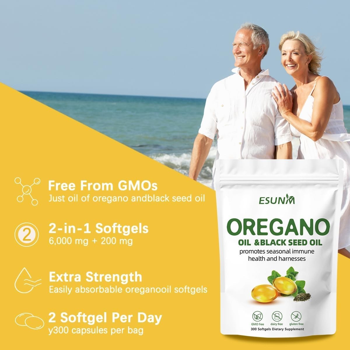 ESUNM Oil of Oregano Softgels 6000mg with Black Seed Oil 300 Capsules