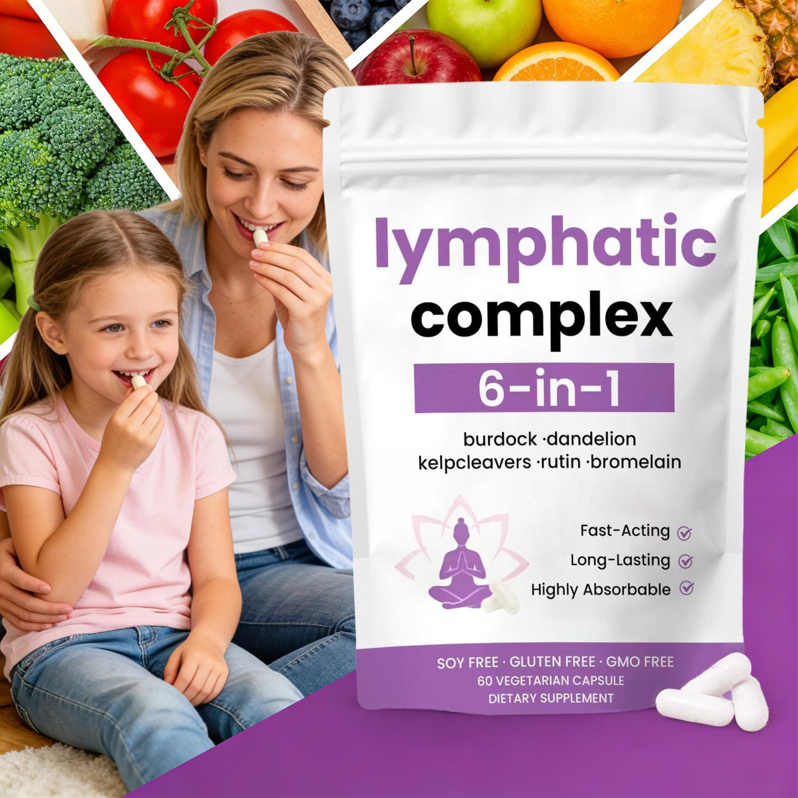 6-in-1 Lymphatic Complex Drainage Supplement 60 Pill Natural Plant Extract Count