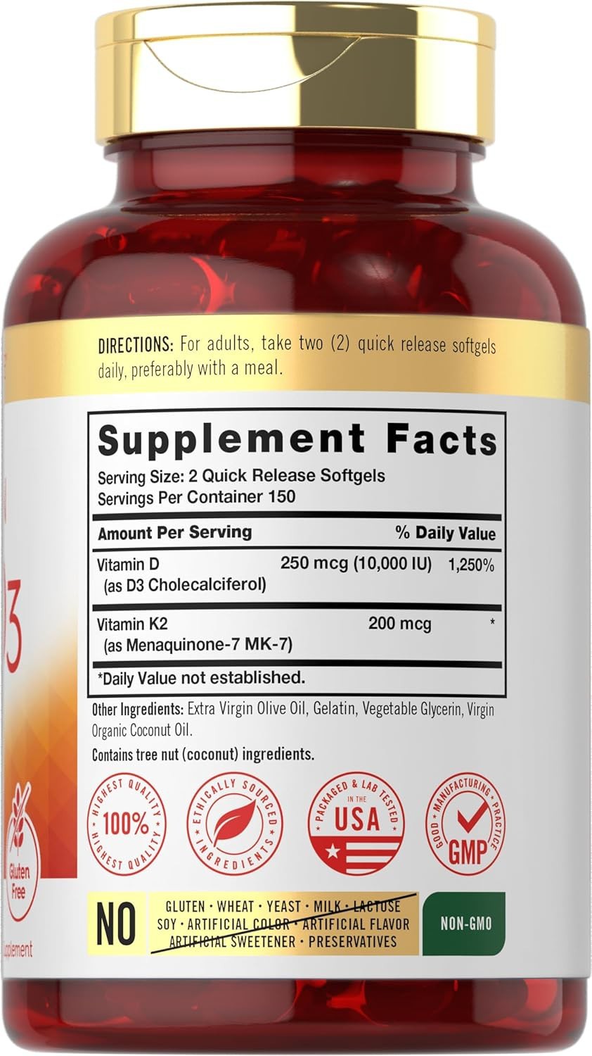 :Carlyle Vitamin K2 D3 Supplement 300 Softgels 200mcg MK-7 10000 IU D3 Non-GMO