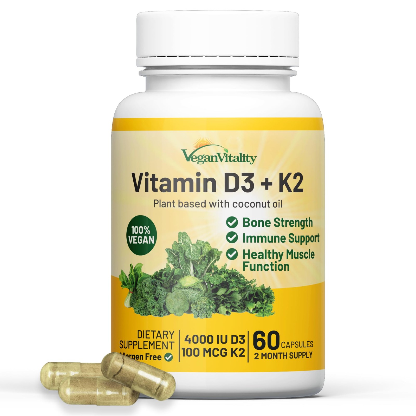 Vegan Vitality Vitamin D3 K2 4000IU (100mcg) with Coconut Oil, 100% Plant Bas…