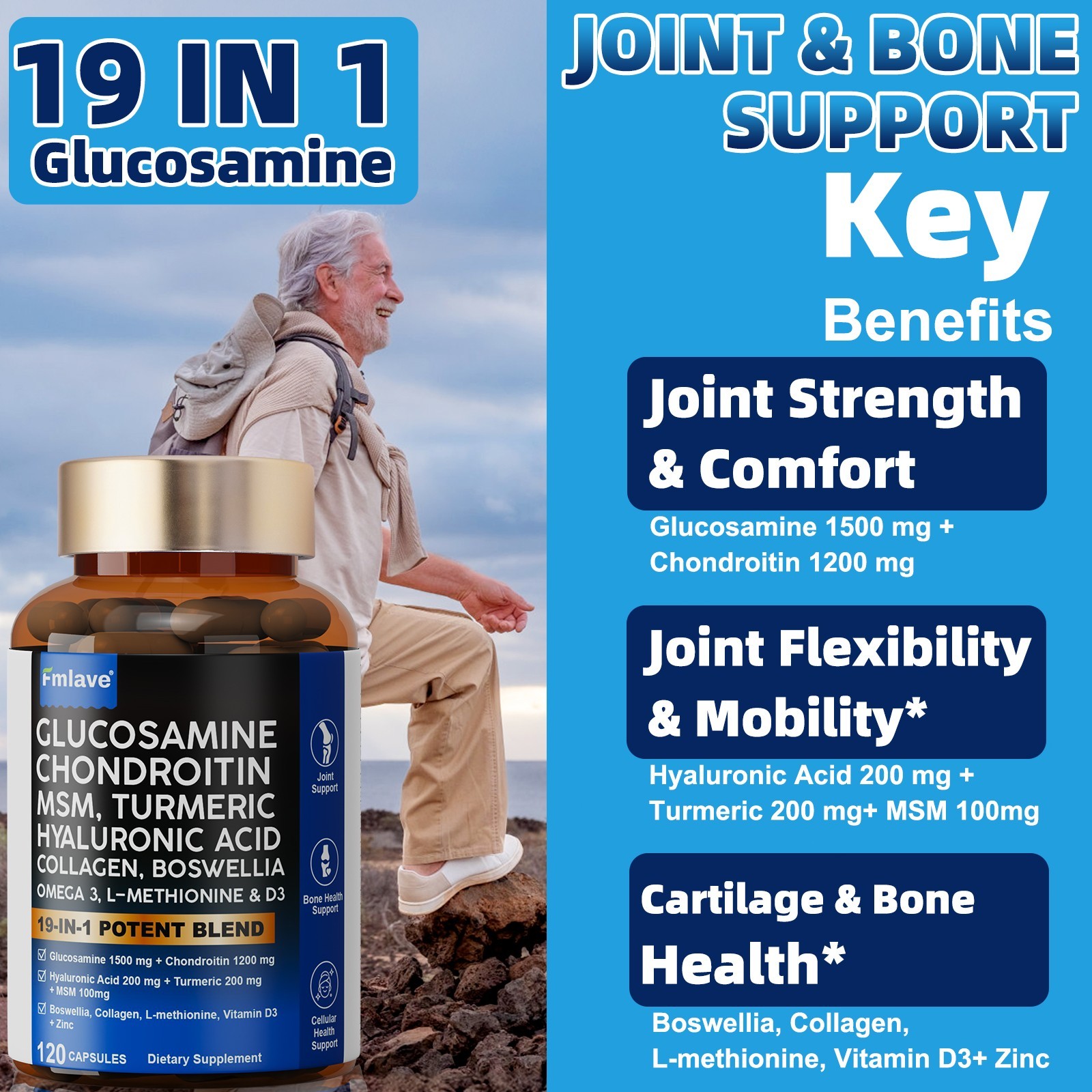 Triple Strength Pain Relief Supplement, Joint Support Glucosamine, Turmeric, MSM