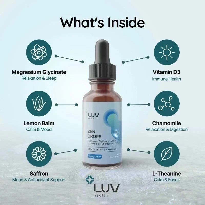 LUV Zen Drops Stress Support with Magnesium Glycinate and Lemon BalM 2 PACK.