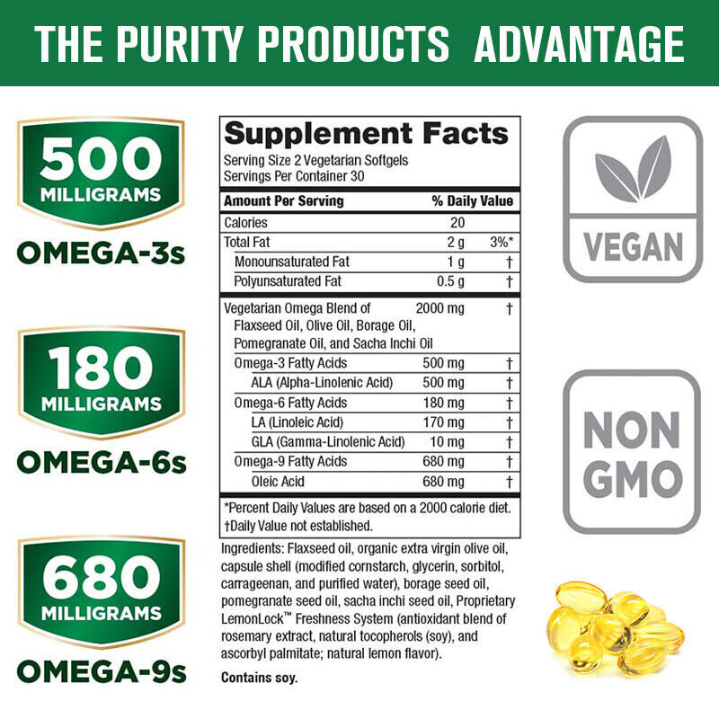Omega 3-6-9 Vegan Capsules 1360mg High Strength Support Eye & Brain Health 120PC