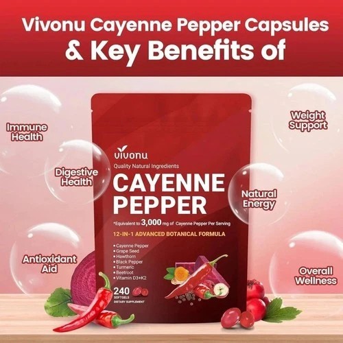 Cayenne Pepper + D3/K2 Softgels–240 Count,Supports Heart,Liver Detox&Metabbolism