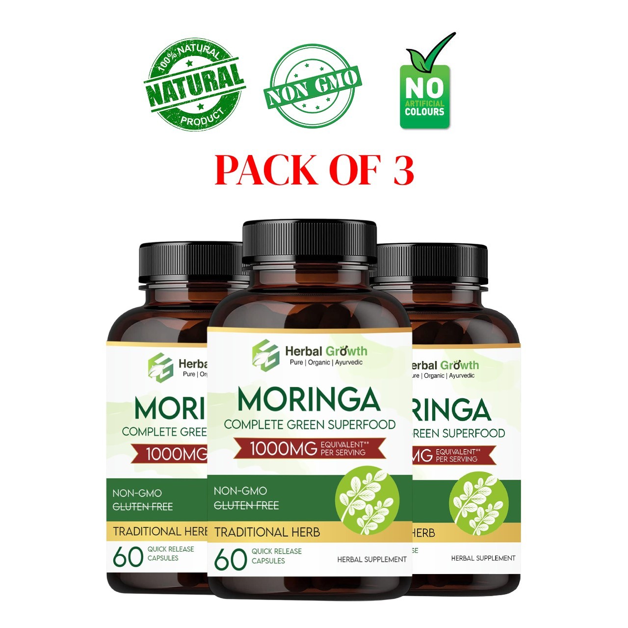 HERBAL.GROWTH Moringa 1000mg Capsules 60 Count Pack of 3