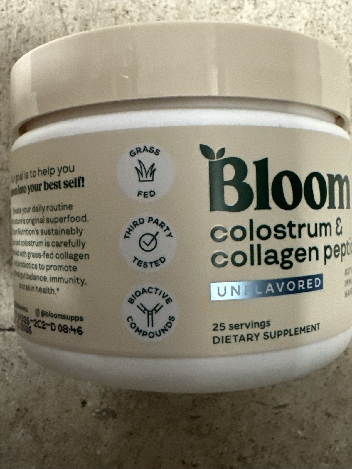 Bloom Colostrum & Collagen Peptides Unflavored 25 Sv 4.16 OZ 11/2026