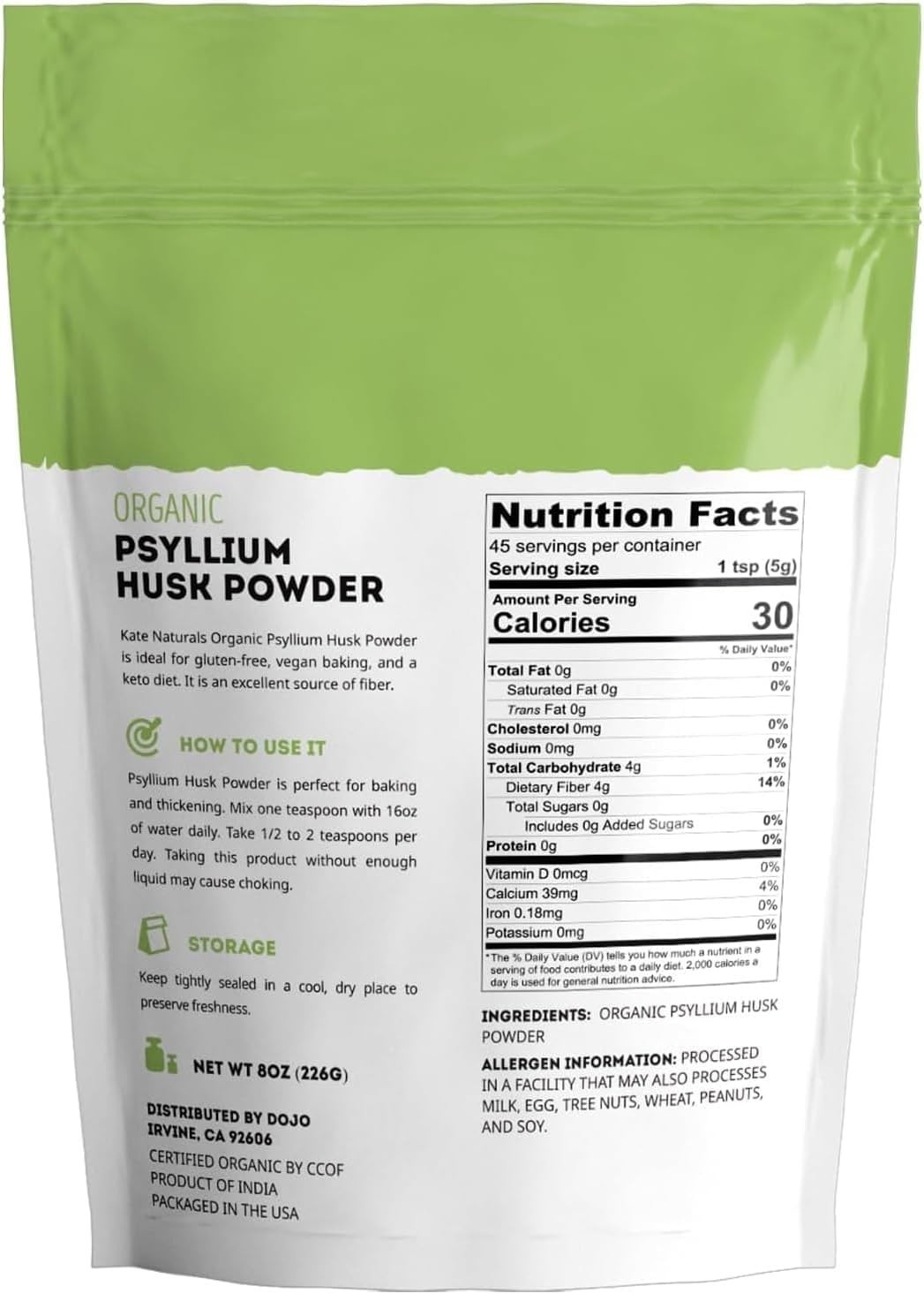 Kate Naturals Psyllium Husk Powder for Fiber, Digestion & Baking Bread. Mixes Ea