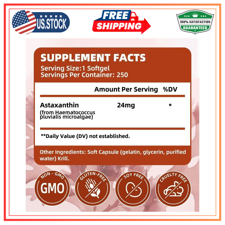ALLBIZ Astaxanthin 24mg 250 Softgels Antioxidant Eye Skin Brain Liver Support