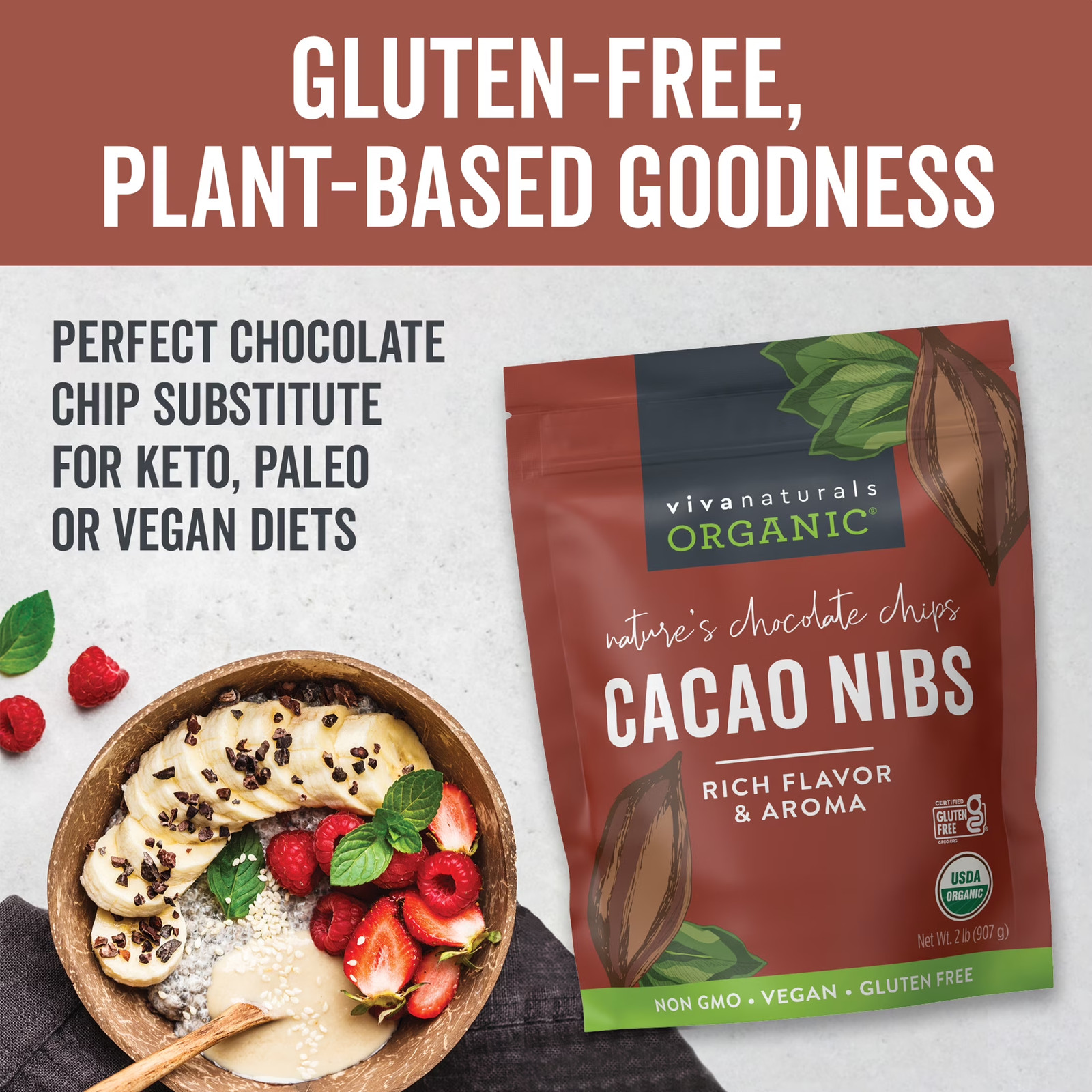 Organic Cacao Nibs 2 Lb (907 G), Keto Friendly, Vegan, Unsweetened