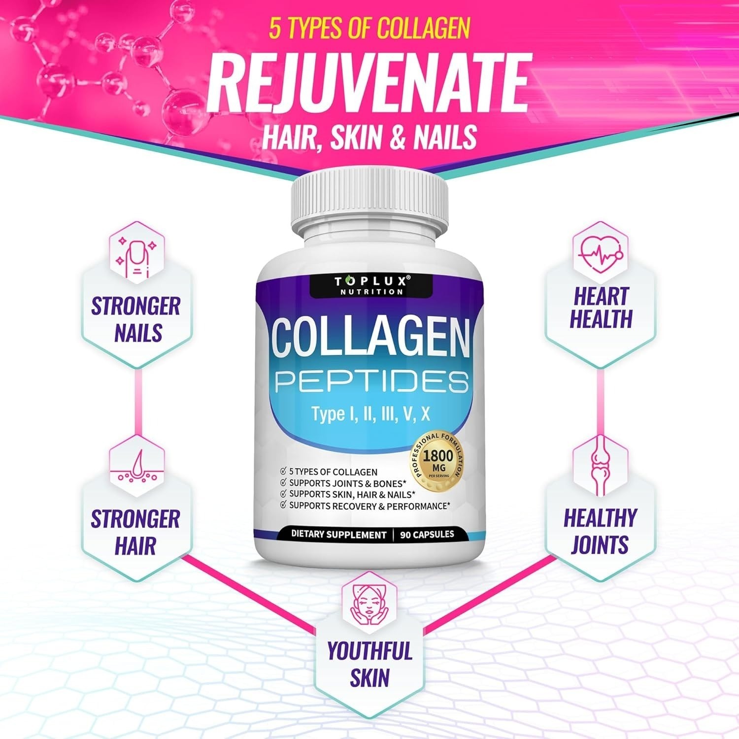Toplux Multi Collagen Peptides Pills 1800 Mg Complex-Hydrolyzed Protein