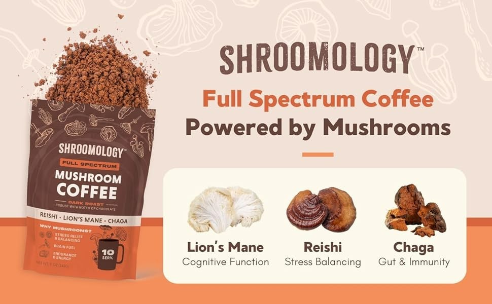 Shroomology™ Full Spectrum Mushroom Coffee Dark Roast 5 Oz Non GMO, Vegan & GF