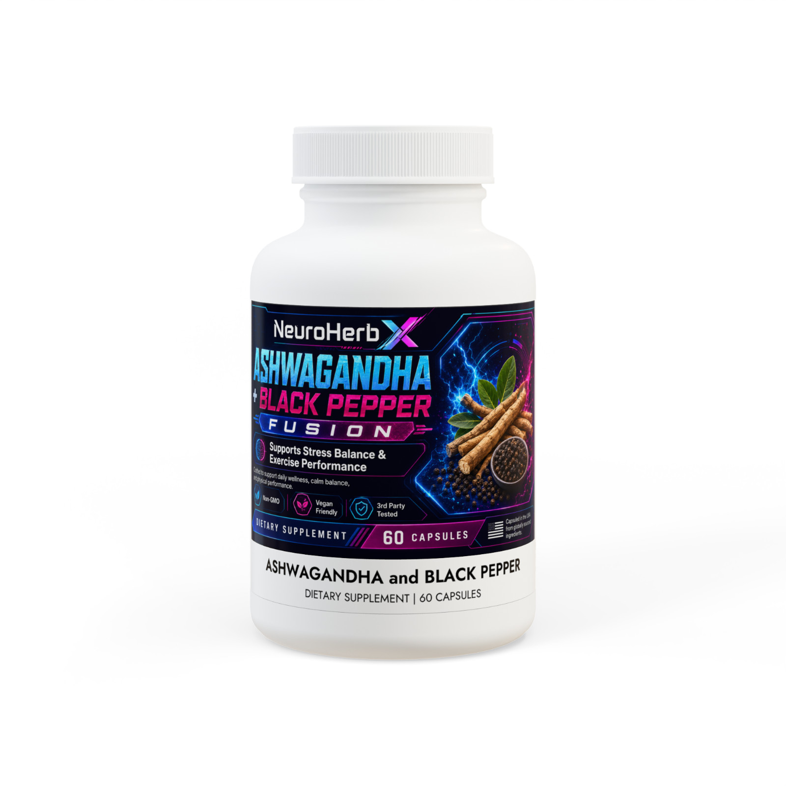 Ashwagandha Black Pepper Fusion 60 Capsules Stress Balance Vegan Non-GMO