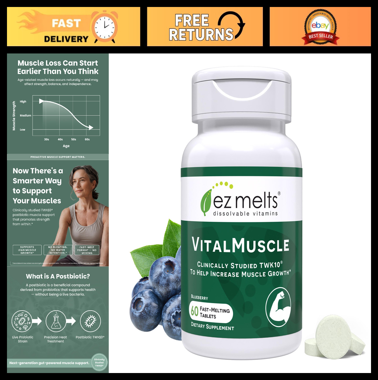 Dissolvable Muscle Support Tablets – Strength, Lean Growth & Recovery – Vegan, N