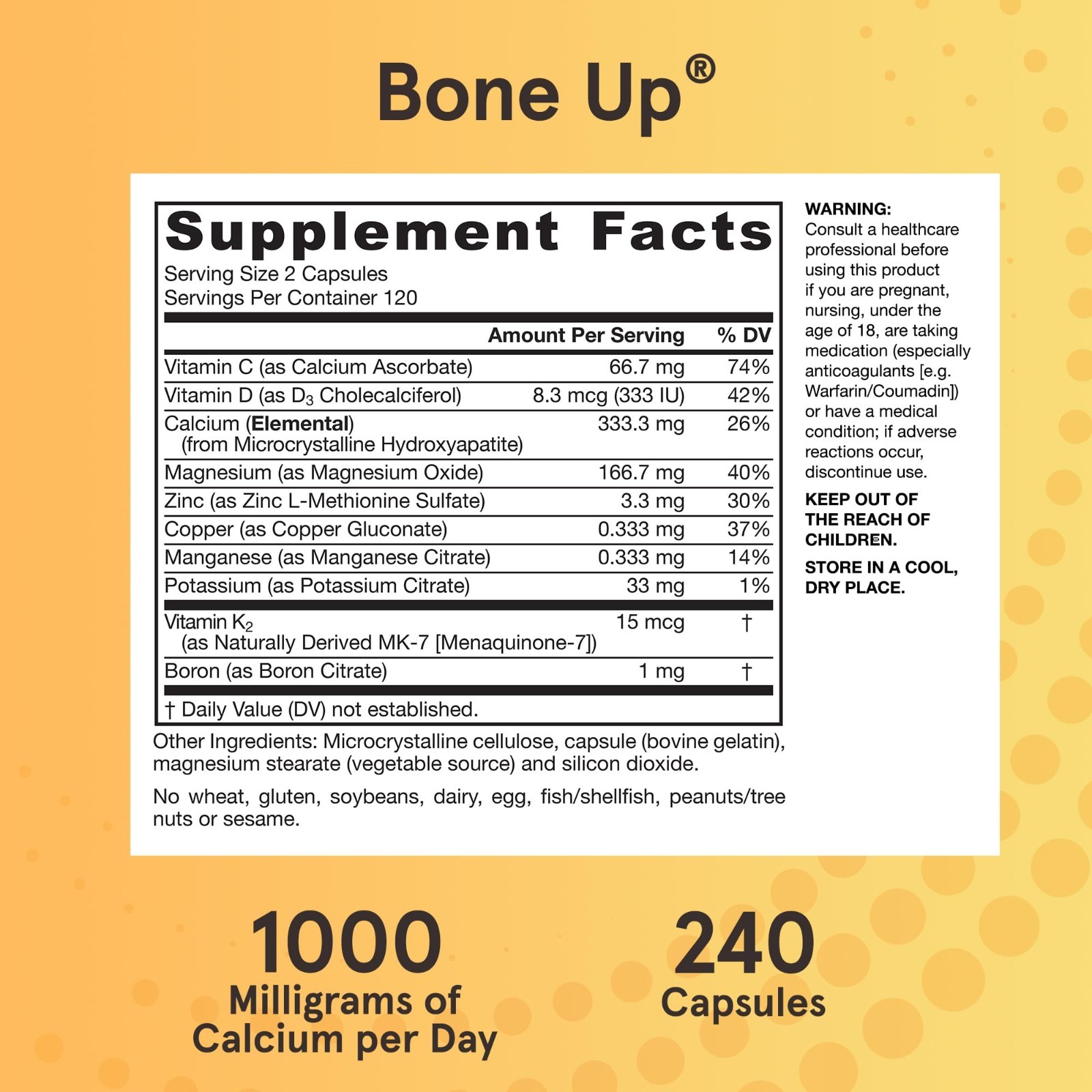 Bone Density Support Supplement – 1000mg Calcium, MCHA, Vitamins D3 & K2, 240 Ca