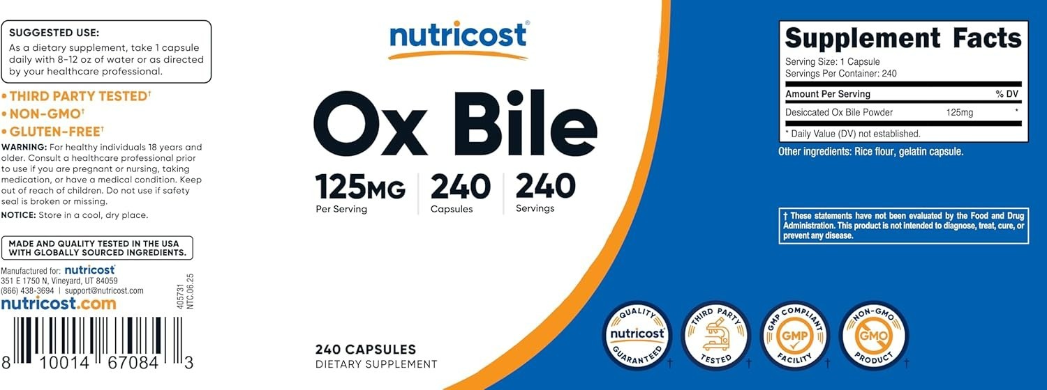 Ox Bile Capsules 125mg, 240 Capsules – Non-GMO