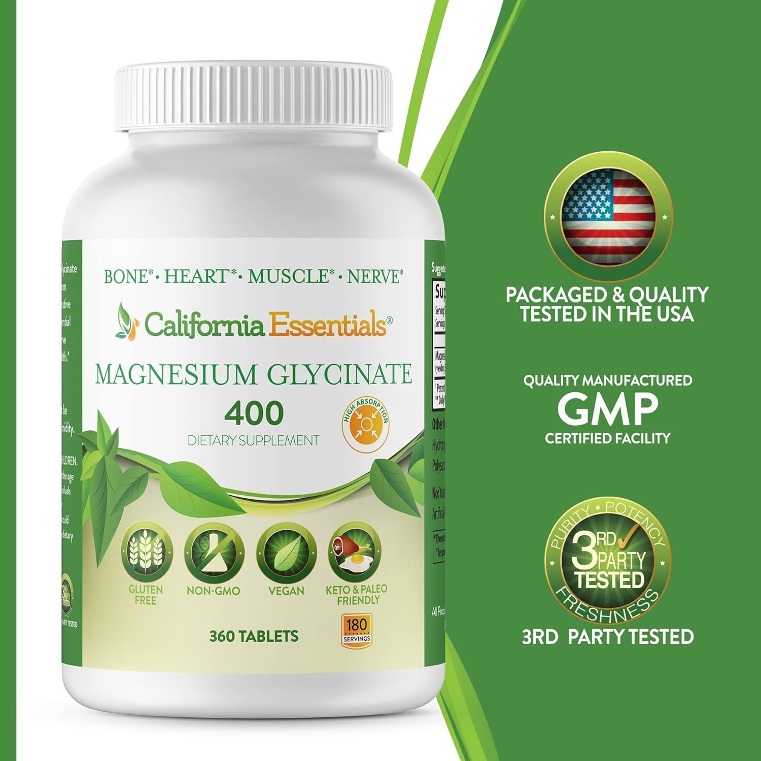 MAGNESIUM GLYCINATE BONE HEART HEALTH MUSCLE AND NERVE HEALTH 400mg FREE SHIP
