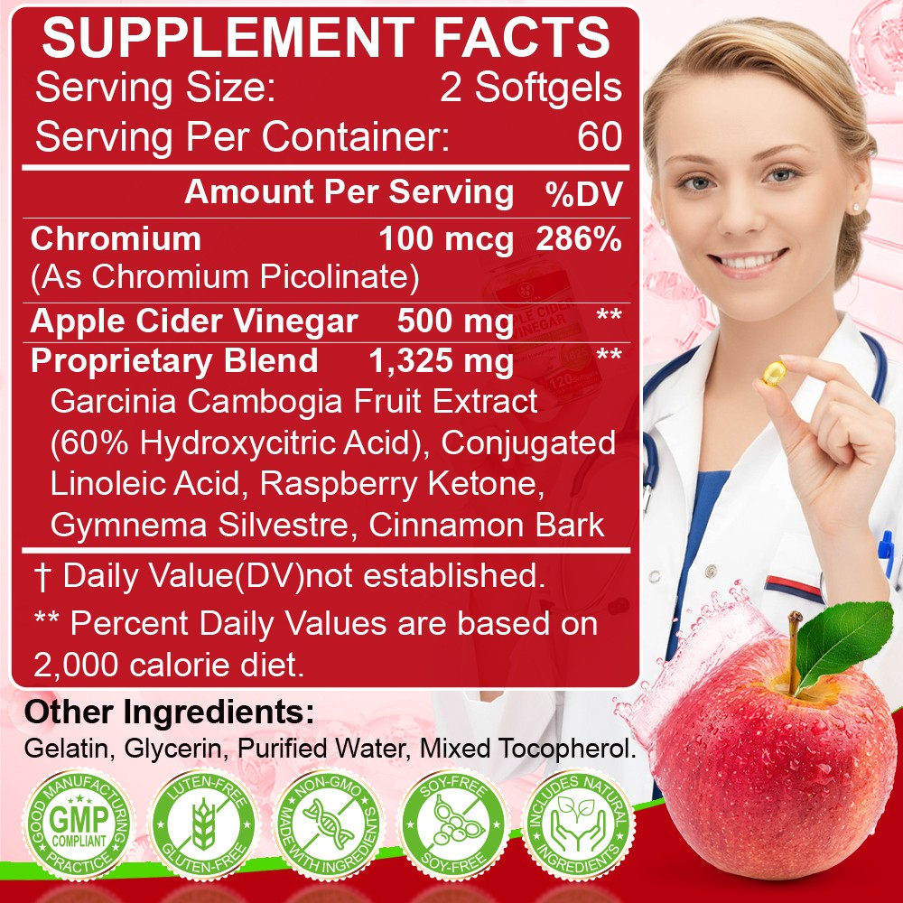 Weight Loss Apple Cider Vinegar w Garcinia Pills ACV & CLA Fat Burner 120 Ct