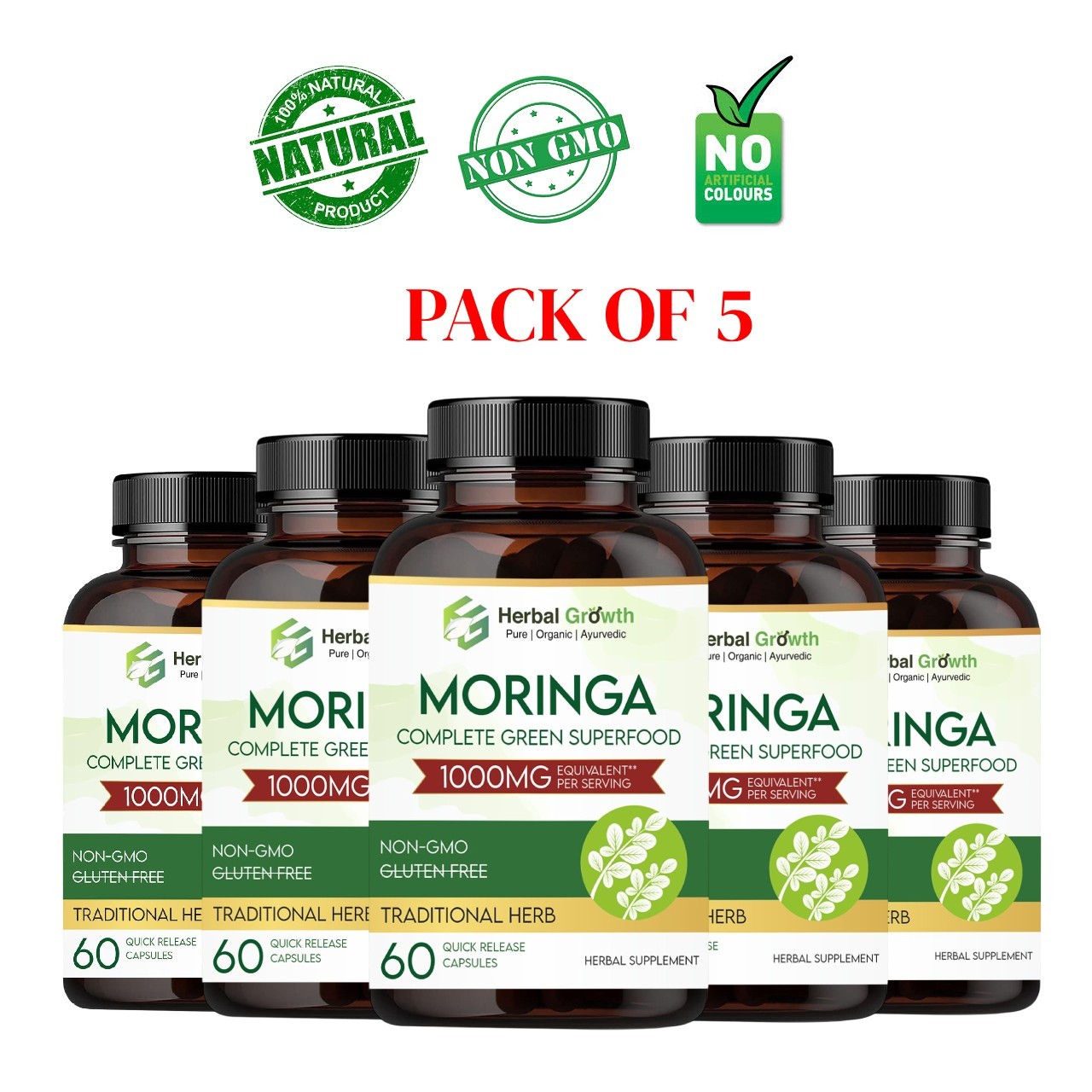 HERBAL.GROWTH Moringa 1000mg Capsules 60 Count Pack of 5