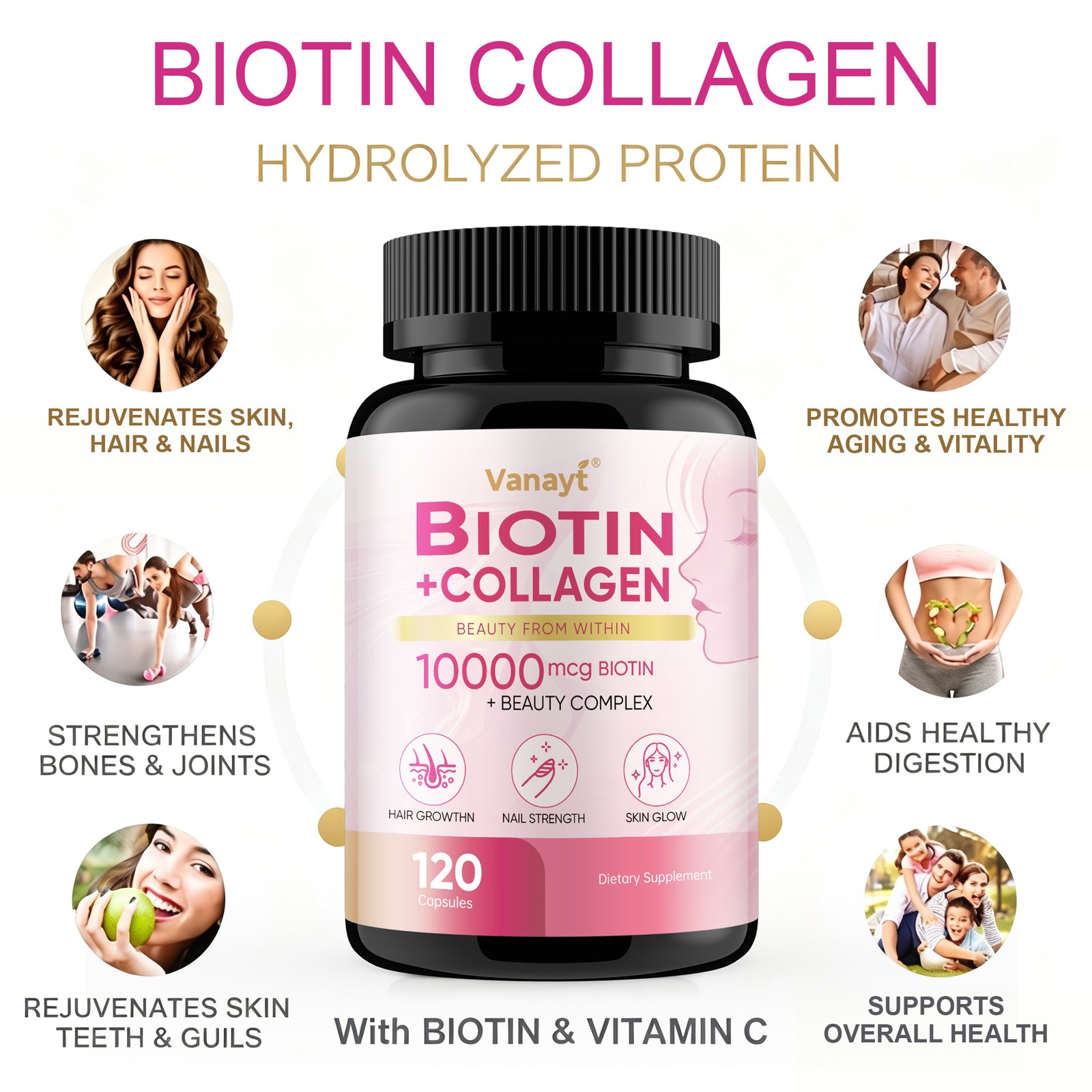 Biotin 10000mcg Collagen Capsules Hair Growth Nail Strength Skin Glow Support