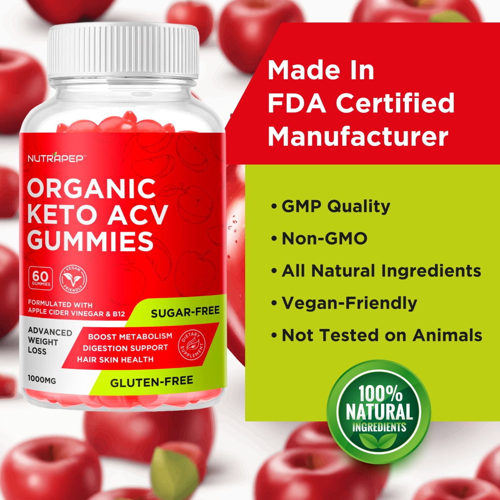 NutraPep Organic Keto ACV Gummies – Gluten-Free & Sugar-Free Apple Cider Vinegar