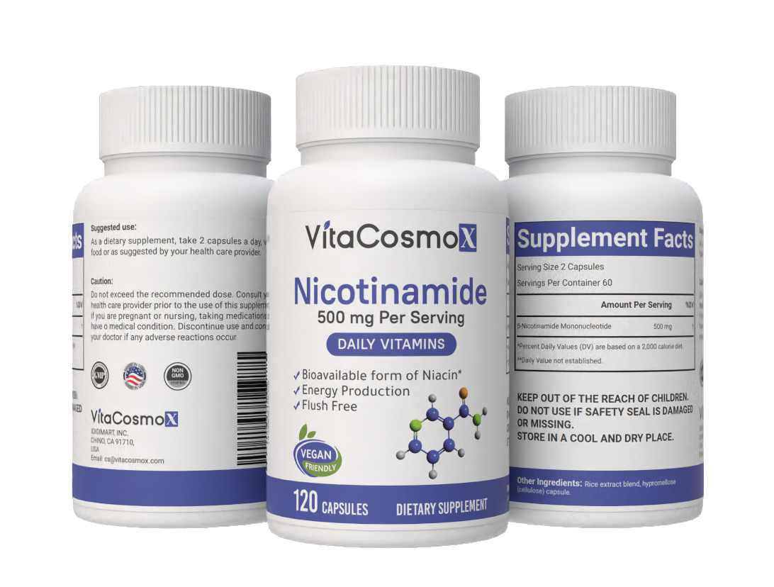 VitaCosmoX Niacinamide (Vitamin B3) 500mg, 120 Capsules Flush Free, Gluten Free