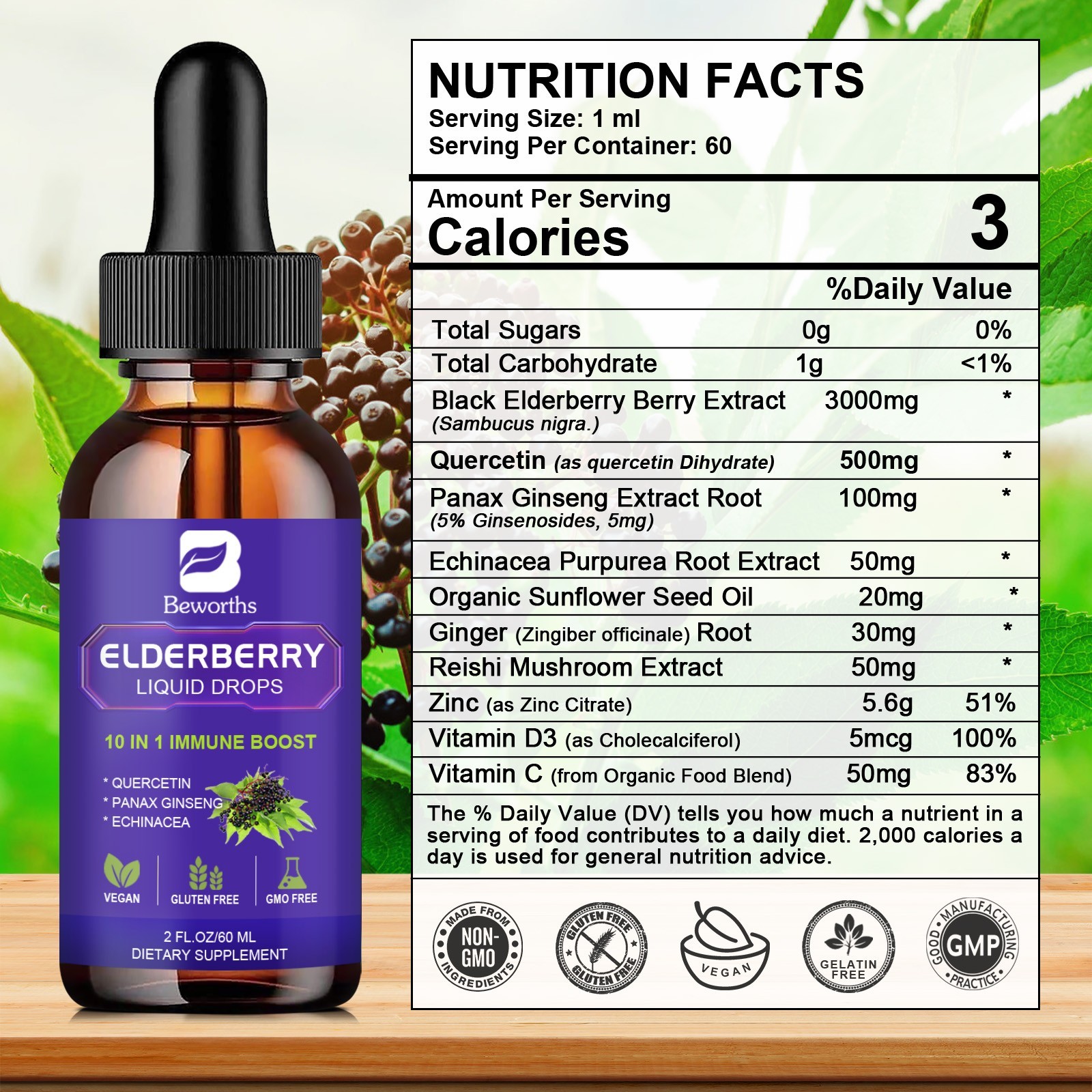 1/3X Black Elderberry Liquid Extract Drops with Vitamins C & D3 and Zinc 60ML