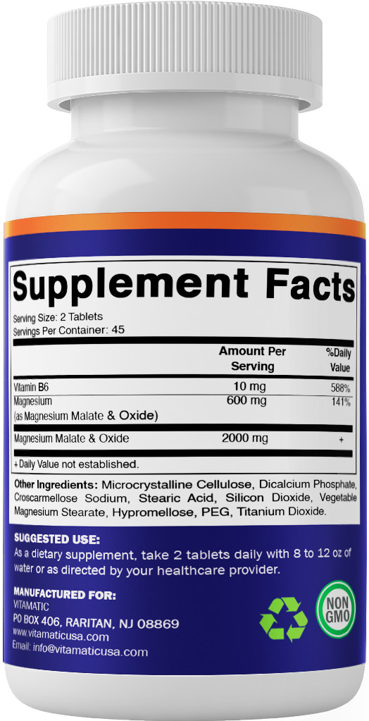 Vitamatic Magnesium Malate 2000mg per Serving – 90 Vegetarian Tablets – Added B6