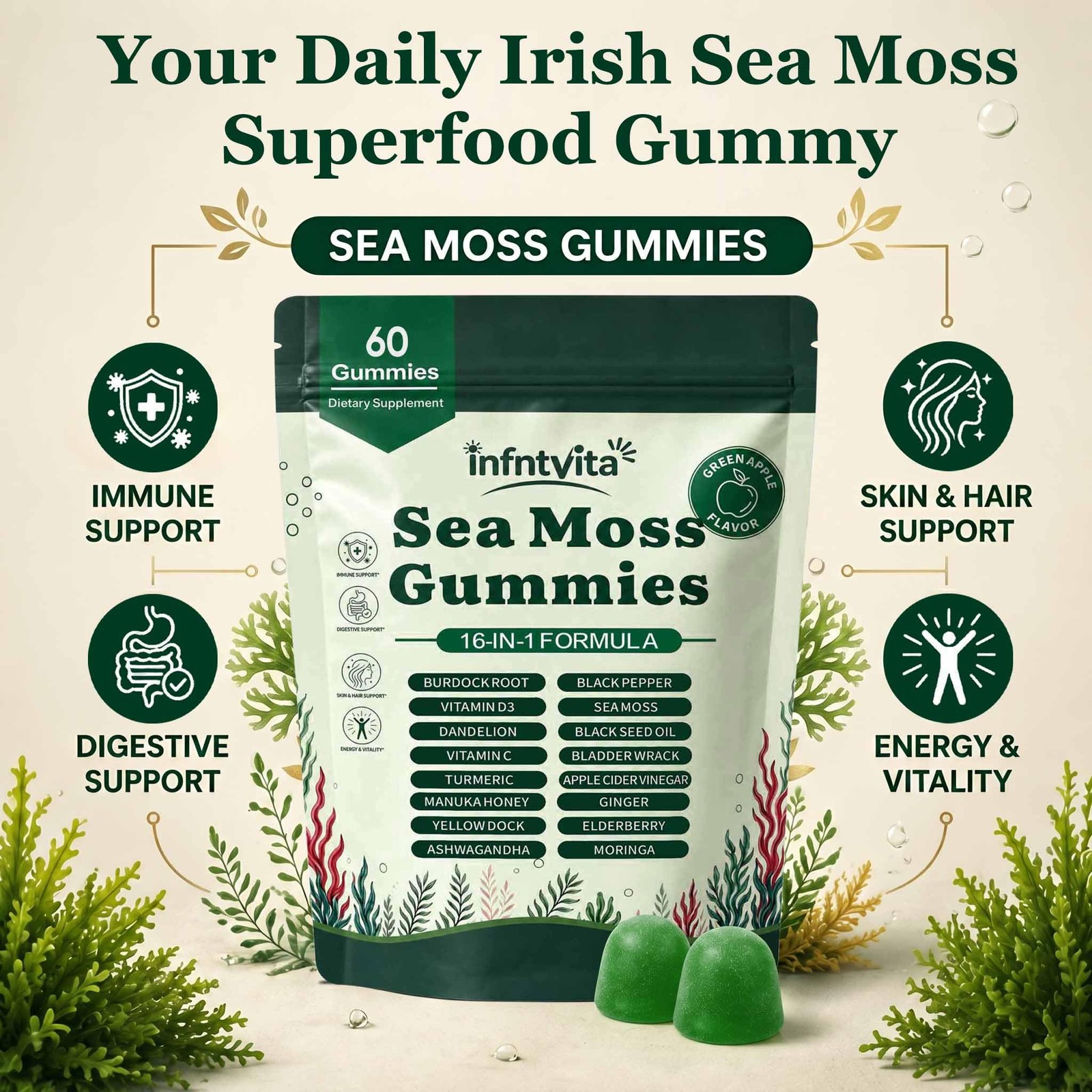YALGET Sea Moss Gummies 16-in-1 with Ashwagandha, Black Seed Oil, Ginger, Tur…