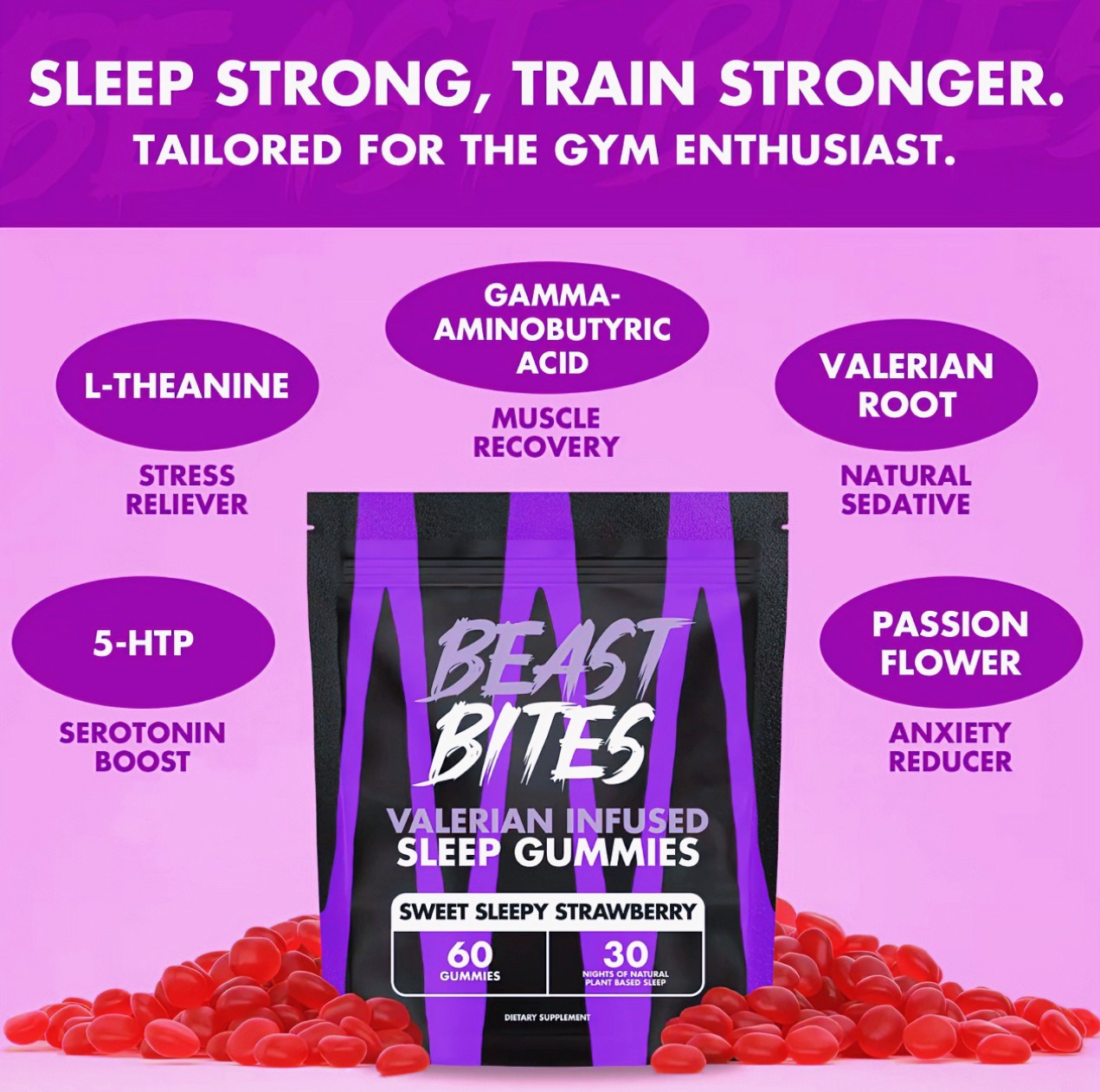 Beast Bites Sleep Gummies Valerian Infused Strawberry Natural Sleep Aid 60 Count