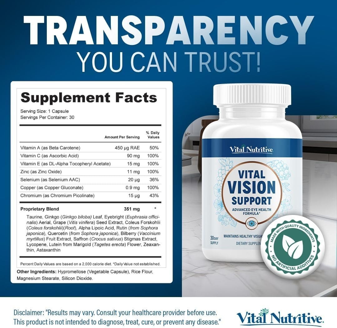Vital Vision Eye Health Supplement 30 Days Vitamin A Lutein Antioxidants