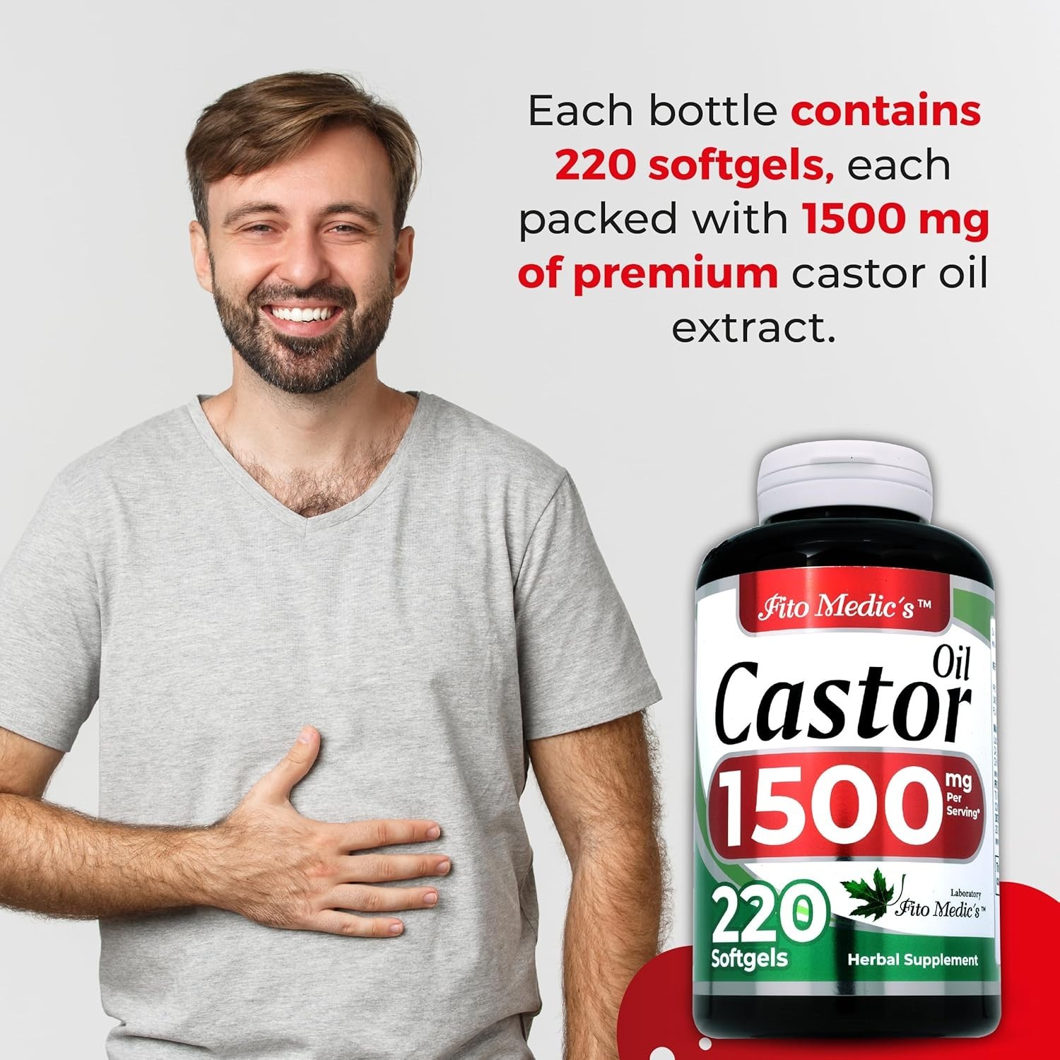 Castor Oil Capsules 1500mg 220 Softgels Cold Pressed Organic Supplement