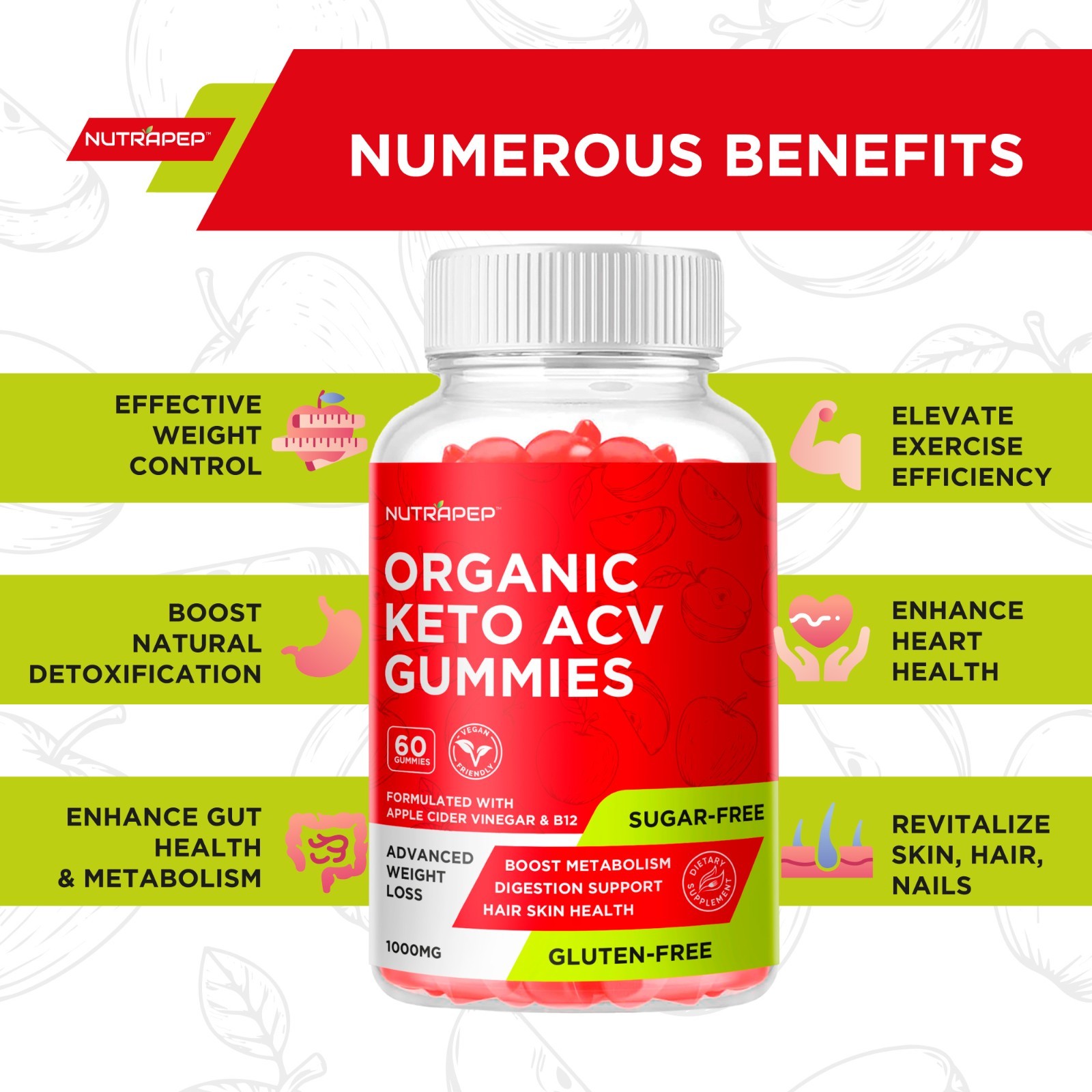NutraPep Organic Keto ACV Gummies – Gluten-Free & Sugar-Free Apple Cider Vinegar