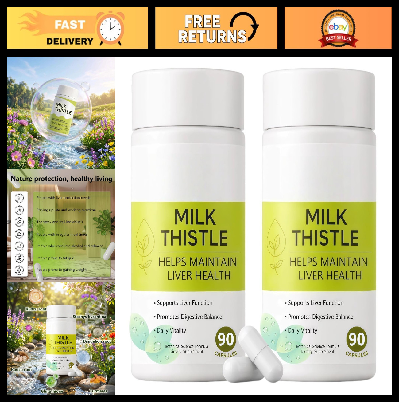 Milk Thistle 300mg – 80% Silymarin with Turmeric & Pueraria – Liver Detox Suppor