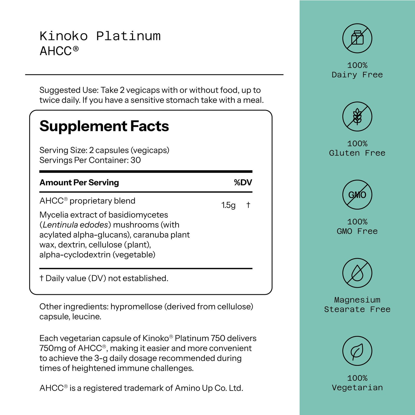 Quality of Life Premium Kinoko Platinum AHCC 60 Count (Pack 1), Brown