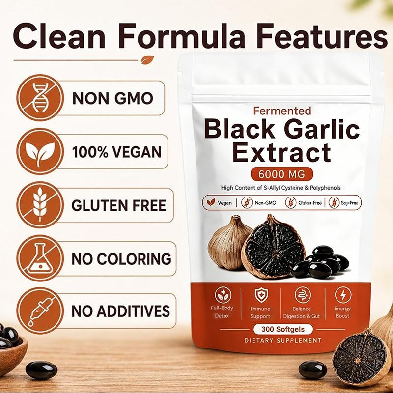 Black Garlic Extract Softgels 300ct, Odorless Vegan Non-GMO Supplement