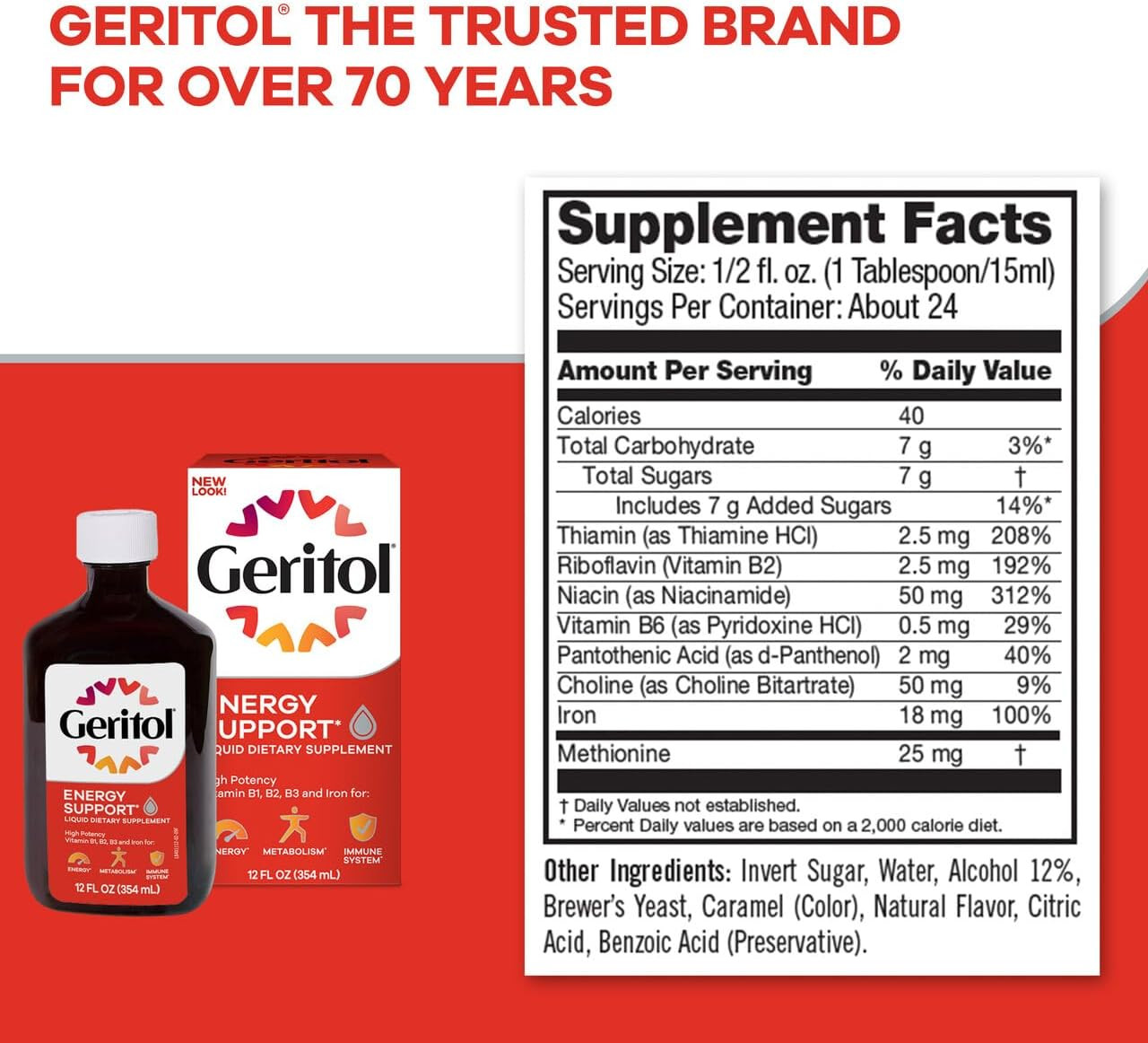 Geritol Liquid Multivitamin and Iron Supplement for Energy Support 12 Fl OzH