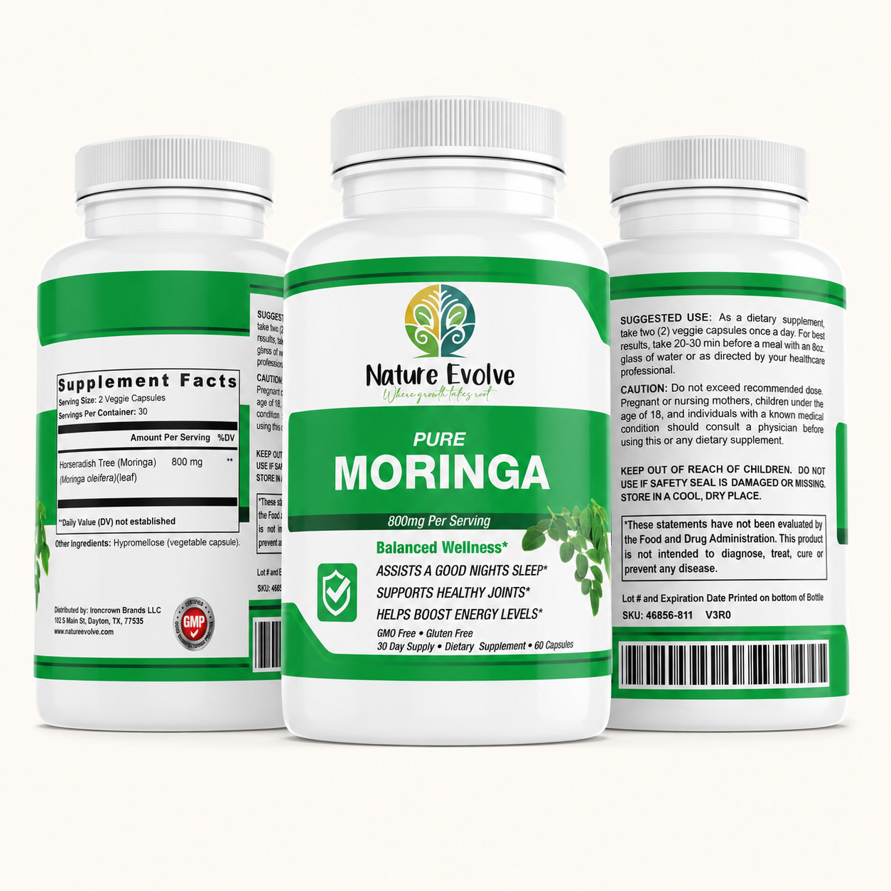 Nature Evolve Pure Moringa 800mg | 60 Veggie Capsules | GMO Free | Gluten Free