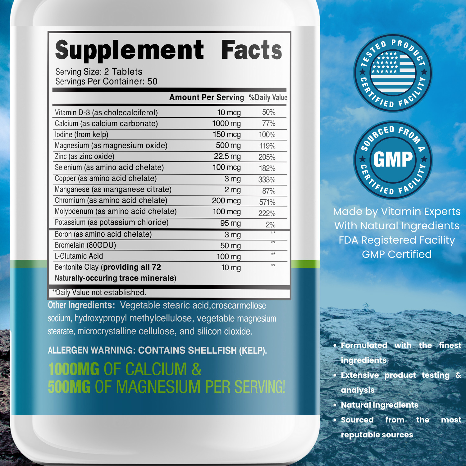 Multi Mineral Supplement | 100 TABLETS | Iron Free | Non-GMO | by GROW VITAMIN