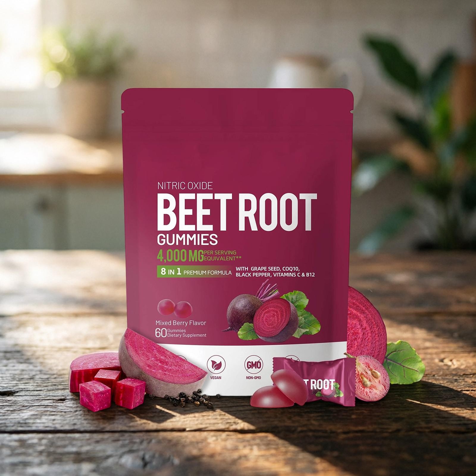 Beet Pure Root Gummies For Blood Pressure Heart Health Support Energy Level 60ct