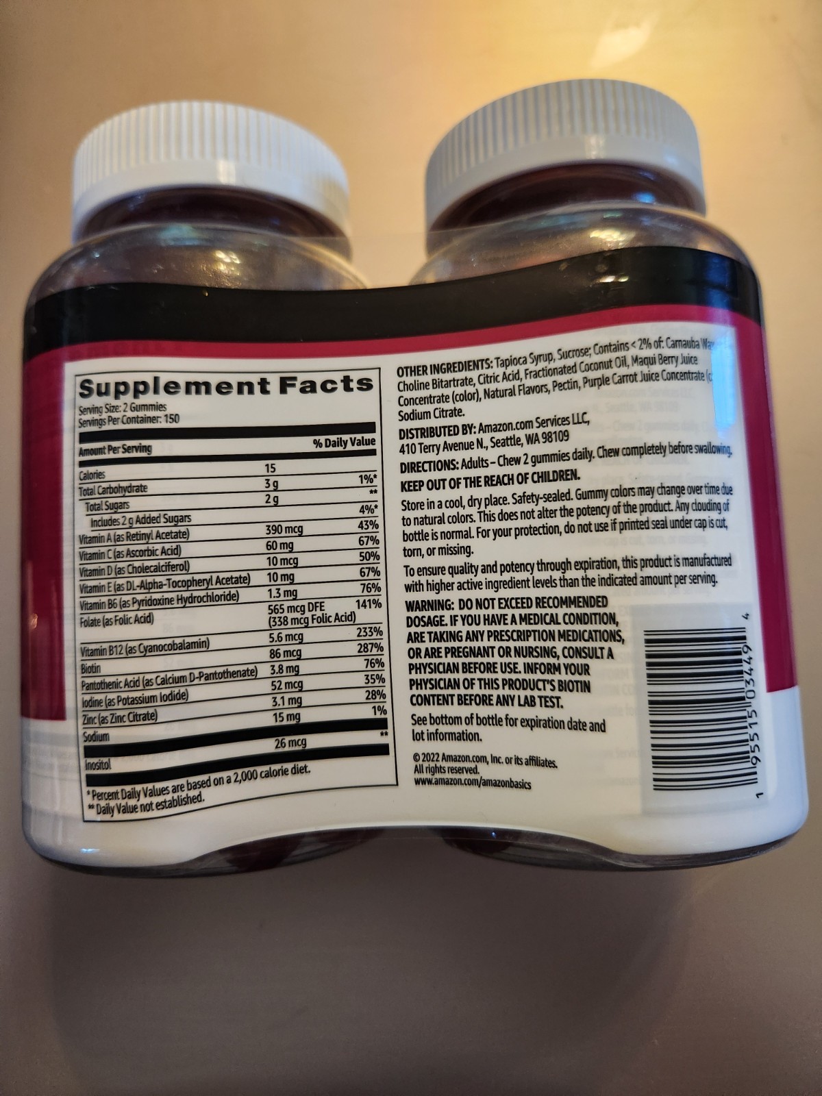Amazon Basics Adult Multivitamin for Men & Women, 300 Gummies with Vitamins A,