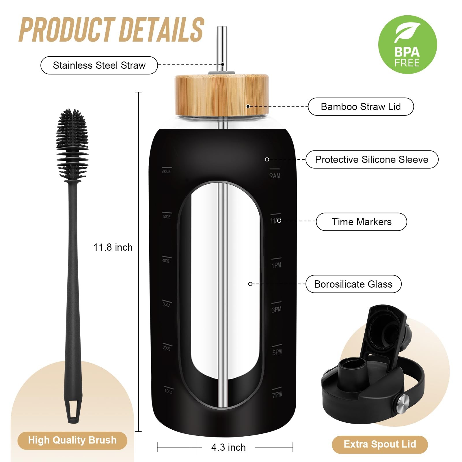 FULBEVY Glass Water Bottles 64 oz – Half Gallon Large 64 Ounces, Black