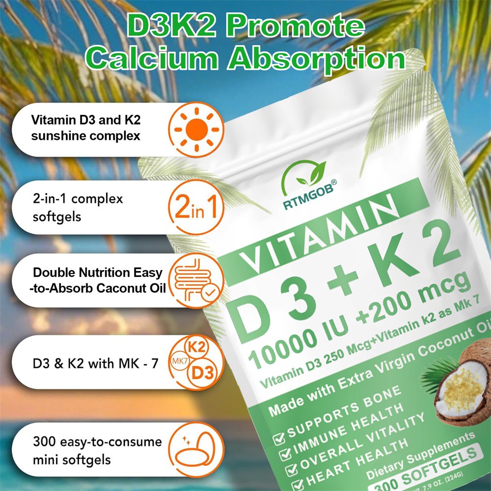 Microingredients Vitamin D3 10000 iu K2 (MK-7) 200 mcg, 300 Coconut Oil Softgels