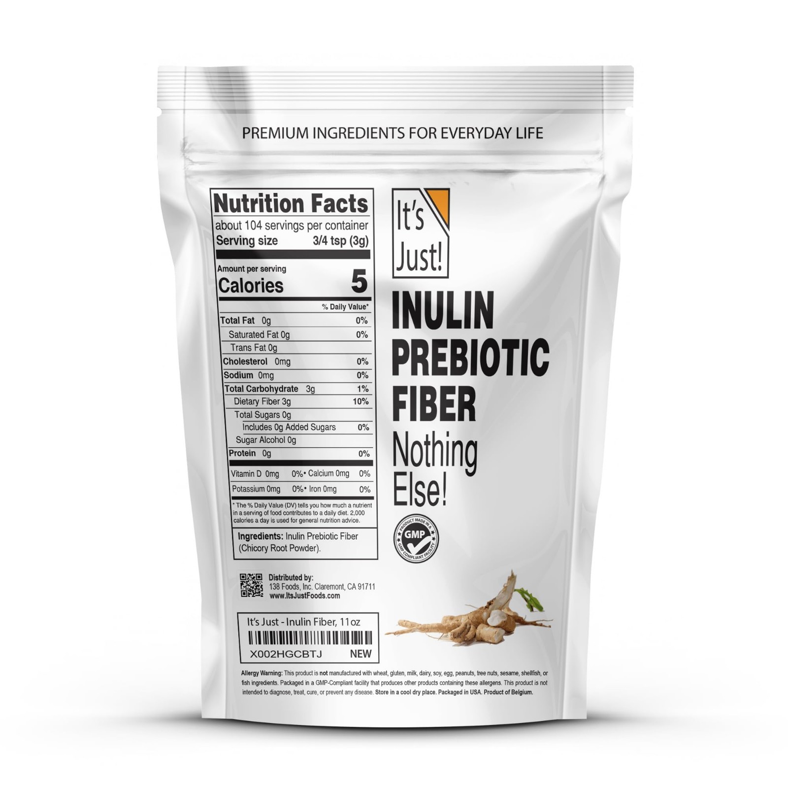 Inulin Prebiotic Fiber Powder – Water Soluble Chicory Root, Gut Health, Vegan, K